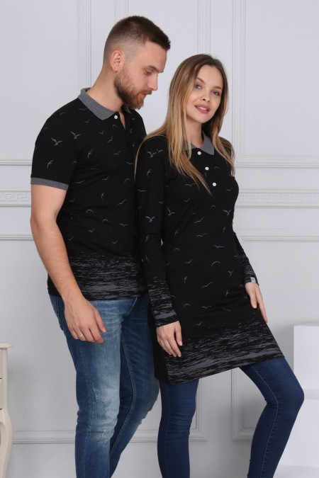Martı Desen Siyah Tunik Ve Tişört Sevgili Kombini