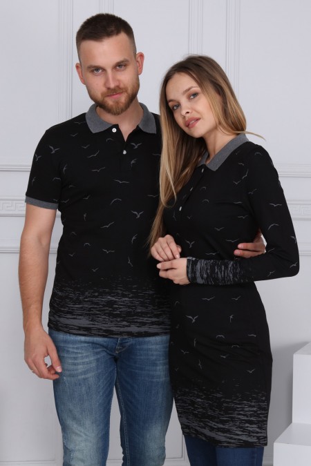 Martı Desen Siyah Tunik Ve Tişört Sevgili Kombini