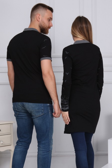 Martı Desen Siyah Tunik Ve Tişört Sevgili Kombini