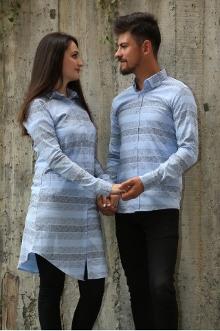 Armürlü Bengalin Desenli Likralı Mavi Tesettür Gömlek Sevgili Kombini