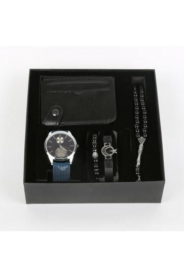 Cüzdan Tesbih 2 Adet Bileklik 5'li Erkek Lacivert Saat Seti