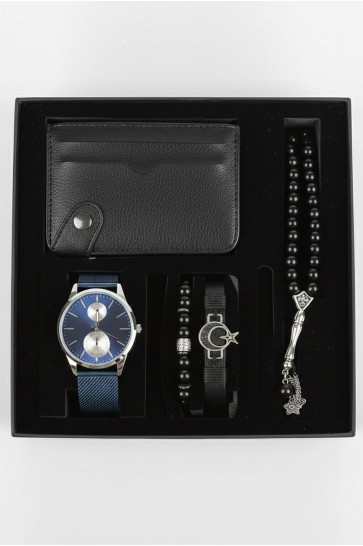 Erkek Kol Saati Tesbih Bileklik Cüzdan Kutulu 5’li Hediye Seti
