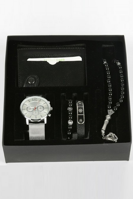 Erkek Kol Saati Tesbih Bileklik Cüzdan Kutulu 5’li Hediye Seti