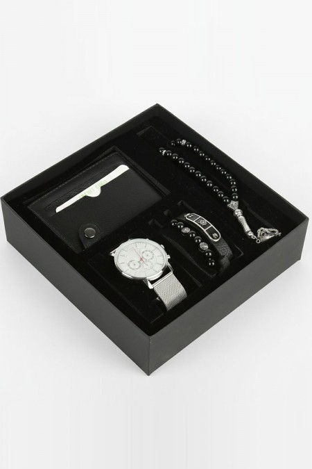 Erkek Kol Saati Tesbih Bileklik Cüzdan Kutulu 5’li Hediye Seti
