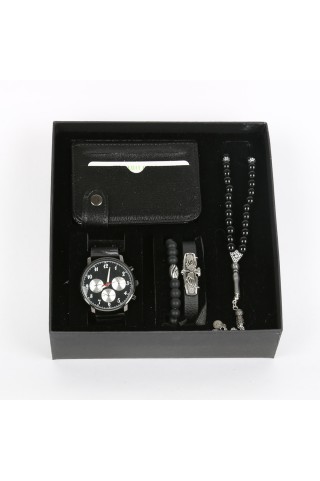 Cüzdan Tesbih 2 Adet Bileklik 5'li Erkek Siyah Saat Seti