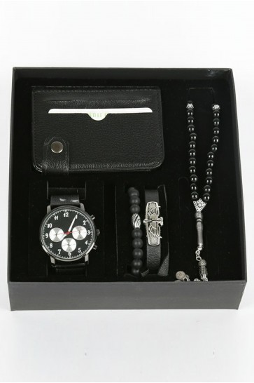 Erkek Kol Saati Tesbih Bileklik Cüzdan Kutulu 5’li Hediye Seti