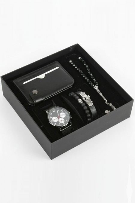Erkek Kol Saati Tesbih Bileklik Cüzdan Kutulu 5’li Hediye Seti
