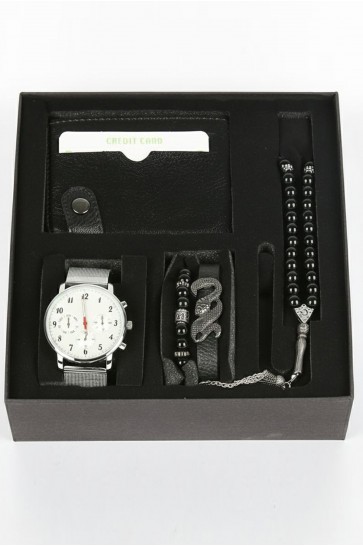 Erkek Kol Saati Tesbih Bileklik Cüzdan Kutulu 5’li Hediye Seti
