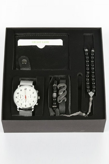 Erkek Kol Saati Tesbih Bileklik Cüzdan Kutulu 5’li Hediye Seti
