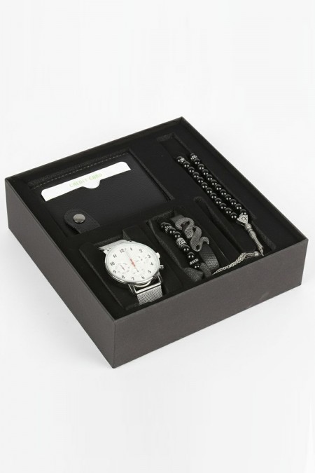 Erkek Kol Saati Tesbih Bileklik Cüzdan Kutulu 5’li Hediye Seti