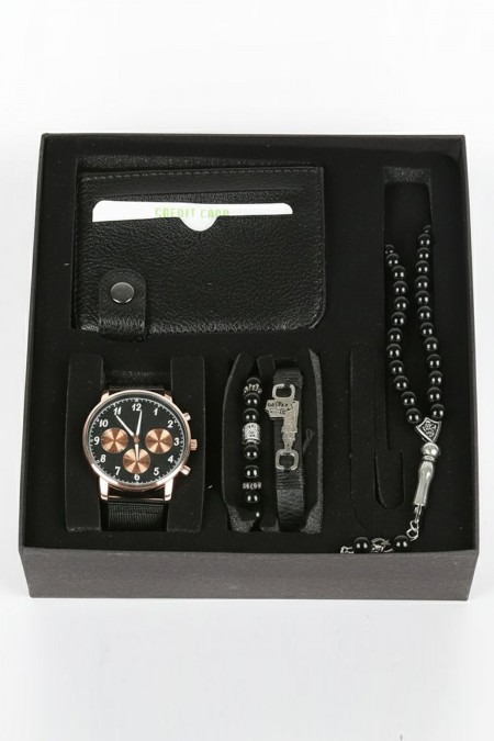 Erkek Kol Saati Tesbih Bileklik Cüzdan Kutulu 5’li Hediye Seti