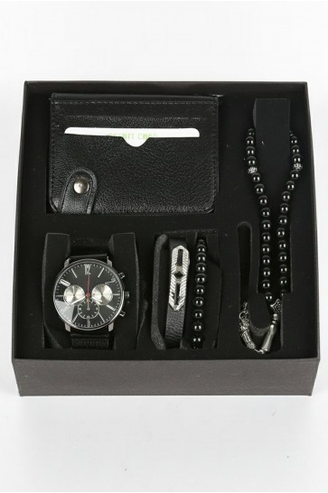 Erkek Kol Saati Tesbih Bileklik Cüzdan Kutulu 5’li Hediye Seti