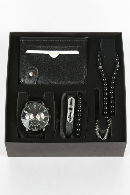 Erkek Kol Saati Tesbih Bileklik Cüzdan Kutulu 5’li Hediye Seti