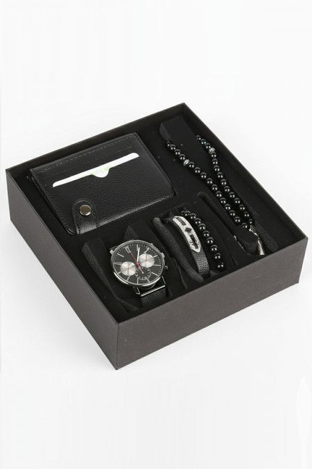 Erkek Kol Saati Tesbih Bileklik Cüzdan Kutulu 5’li Hediye Seti