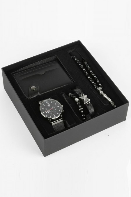 Erkek Kol Saati Tesbih Bileklik Cüzdan Kutulu 5’li Hediye Seti