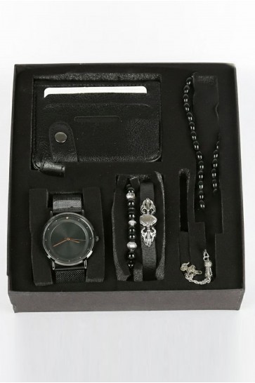 Erkek Kol Saati Tesbih Bileklik Cüzdan Kutulu 5’li Hediye Seti