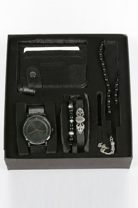 Erkek Kol Saati Tesbih Bileklik Cüzdan Kutulu 5’li Hediye Seti