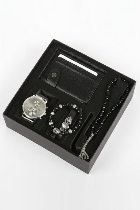 Erkek Kol Saati Tesbih Bileklik Cüzdan Kutulu 5’li Hediye Seti