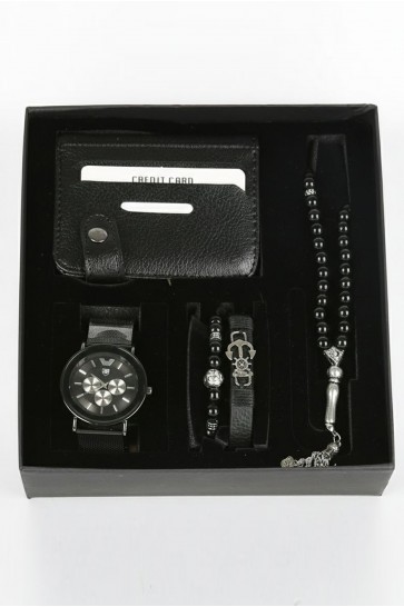 Erkek Kol Saati Tesbih Bileklik Cüzdan Kutulu 5’li Hediye Seti