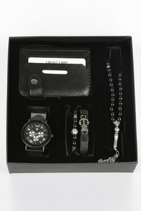 Erkek Kol Saati Tesbih Bileklik Cüzdan Kutulu 5’li Hediye Seti