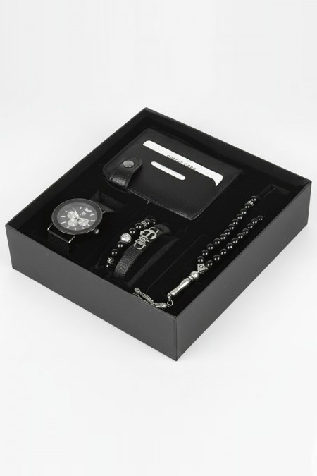 Erkek Kol Saati Tesbih Bileklik Cüzdan Kutulu 5’li Hediye Seti