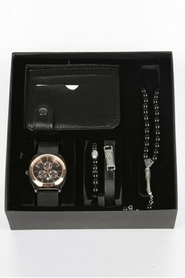 Erkek Kol Saati Tesbih Bileklik Cüzdan Kutulu 5’li Hediye Seti