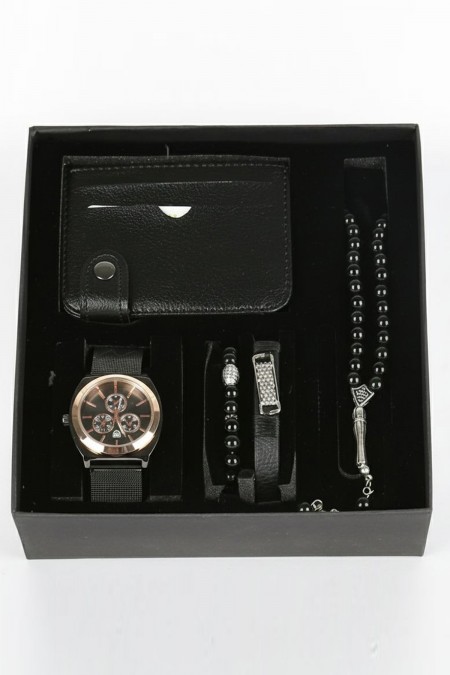 Erkek Kol Saati Tesbih Bileklik Cüzdan Kutulu 5’li Hediye Seti