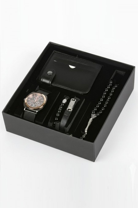 Erkek Kol Saati Tesbih Bileklik Cüzdan Kutulu 5’li Hediye Seti