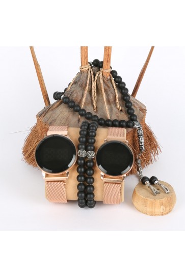 5li Set Bileklik Ve Tesbihli Dijital Mıknatıslı Hasır Kordon Bakır Sevgili Saatleri