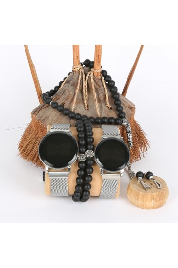 5li Set Bileklik Ve Tesbihli Dijital Mıknatıslı Hasır Kordon Gri Sevgili Saatleri