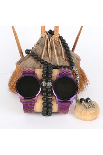 5li Set Bileklik Ve Tesbihli Dijital Metal Kordon Mor Sevgili Saatleri