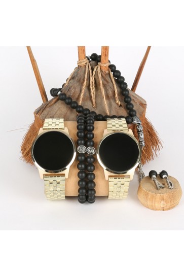 5li Set Bileklik Ve Tesbihli Dijital Metal Kordon Sarı Sevgili Saatleri