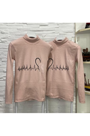 Kalp Atışı Baskılı Pudra Boğazlı Triko Sevgili Kombini