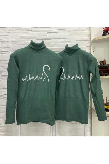 Kalp Atışı Baskılı Yeşil Boğazlı Triko Sevgili Kombini