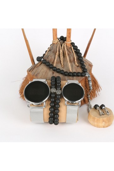 5li Set Bileklik Ve Tesbihli Dijital Mıknatıslı Hasır Kordon Gri Sevgili Saatleri