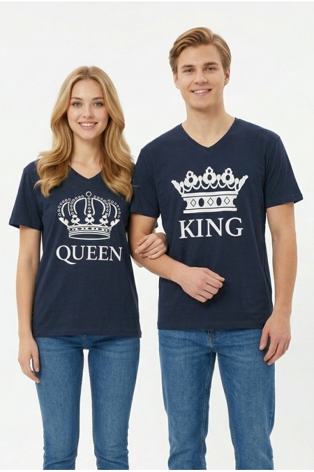 King Queen Taç Baskılı V Yaka Pamuklu Sevgili Kombini Tişört