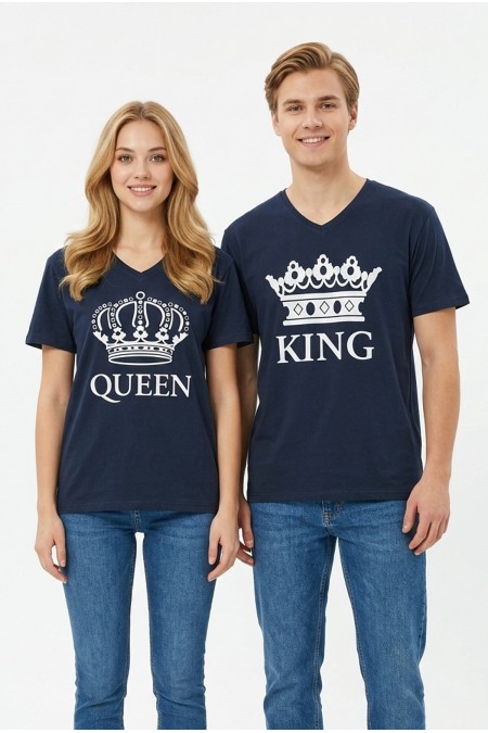 King Queen Taç Baskılı V Yaka Pamuklu Sevgili Kombini Tişört