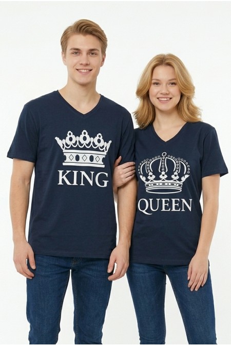 King Queen Taç Baskılı V Yaka Pamuklu Sevgili Kombini Tişört
