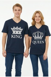 King Queen Taç Baskılı V Yaka Pamuklu Sevgili Kombini Tişört