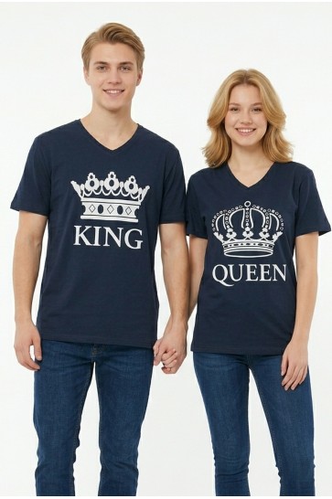 King Queen Taç Baskılı V Yaka Pamuklu Sevgili Kombini Tişört