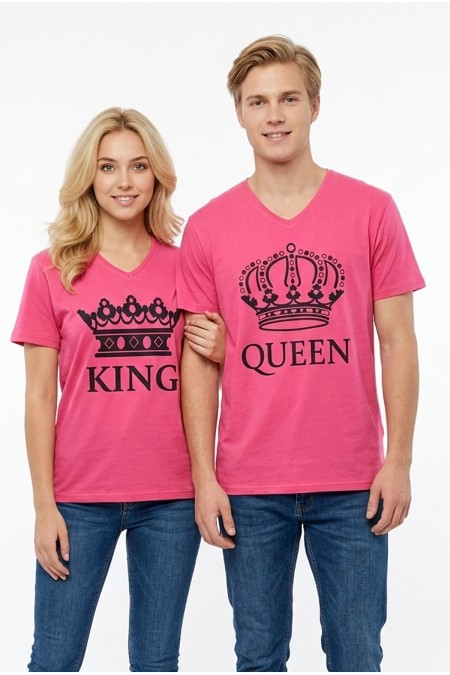 King Queen Taç Baskılı V Yaka Pamuklu Sevgili Kombini Tişört