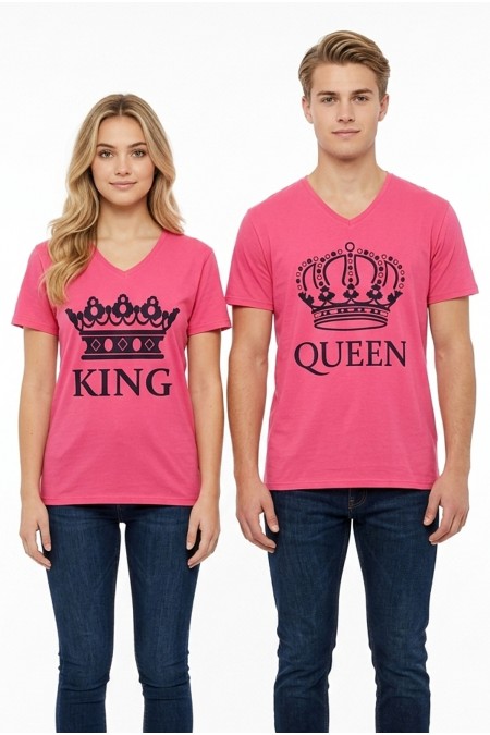 King Queen Taç Baskılı V Yaka Pamuklu Sevgili Kombini Tişört