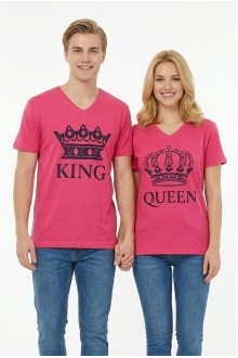 King Queen Taç Baskılı V Yaka Pamuklu Sevgili Kombini Tişört