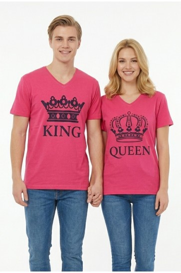 King Queen Taç Baskılı V Yaka Pamuklu Sevgili Kombini Tişört