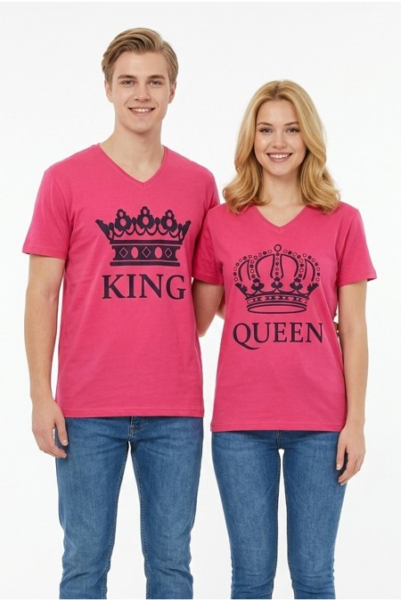 King Queen Taç Baskılı V Yaka Pamuklu Sevgili Kombini Tişört