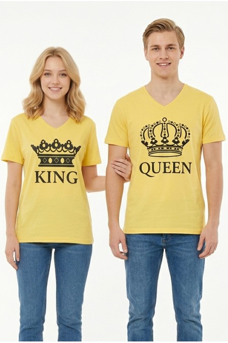 King Queen Taç Baskılı V Yaka Pamuklu Sevgili Kombini Tişört