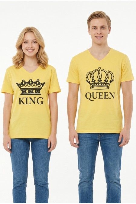 King Queen Taç Baskılı V Yaka Pamuklu Sevgili Kombini Tişört