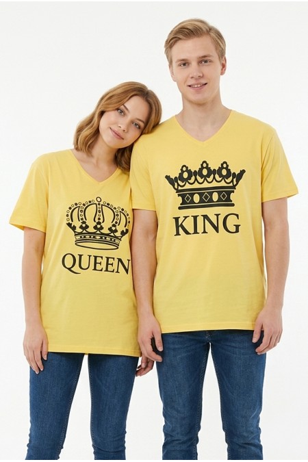King Queen Taç Baskılı V Yaka Pamuklu Sevgili Kombini Tişört