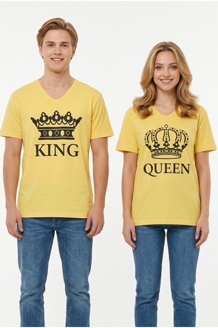 King Queen Taç Baskılı V Yaka Pamuklu Sevgili Kombini Tişört