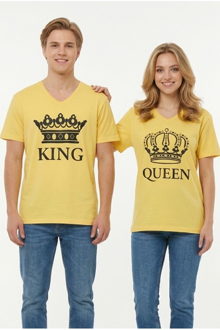 King Queen Taç Baskılı V Yaka Pamuklu Sevgili Kombini Tişört